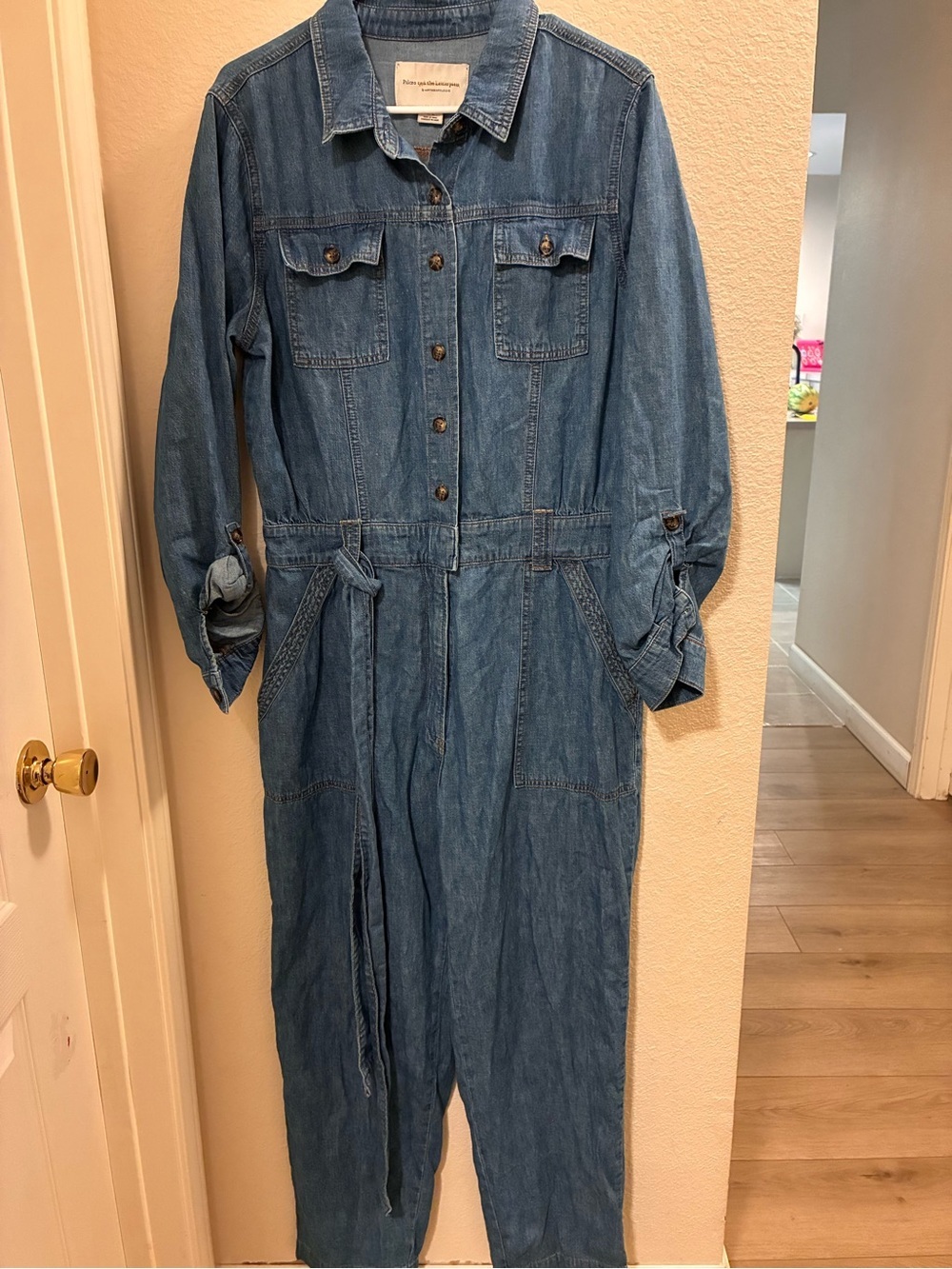 Anthropologie Blue Denim Tie-Waist Utility Jumpsuit - Picture 3 of 8